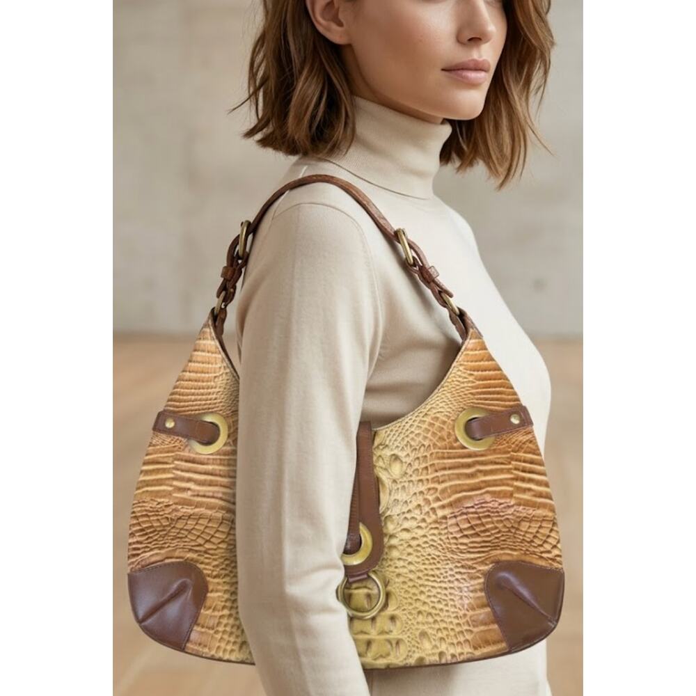 Charlie Lapson Croc Embossed Leather Hobo Bag Cognac Tan Y2K Shoulder Purse 00s